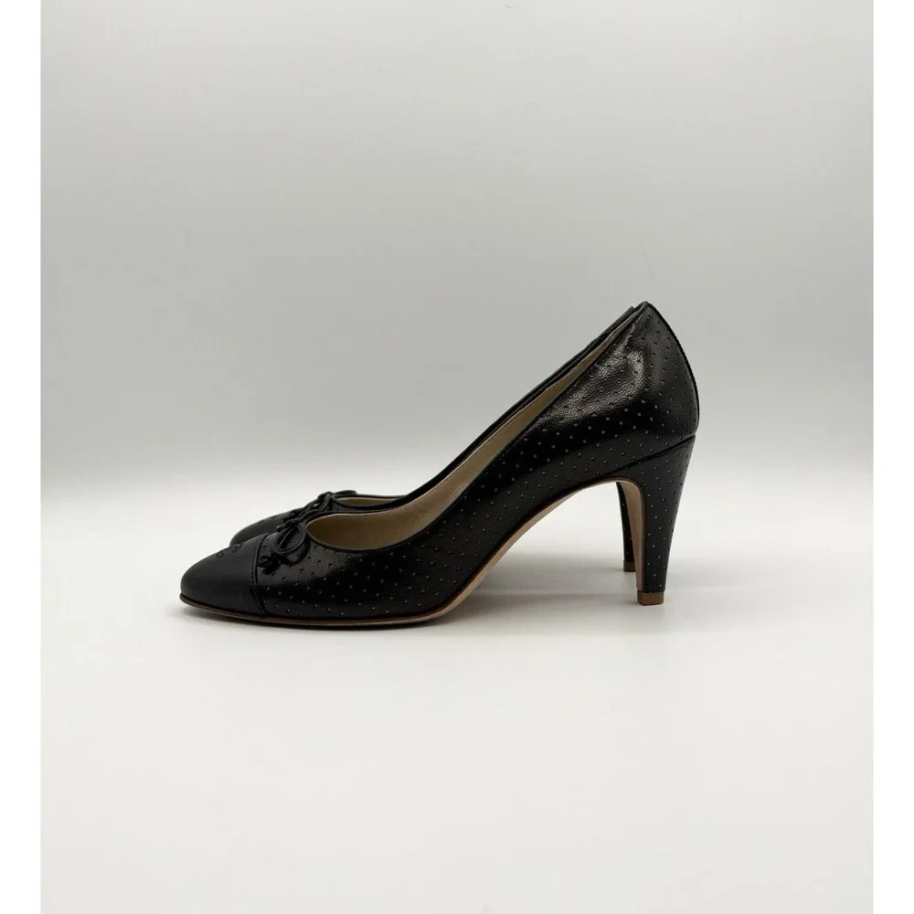 Chanel Black Perforated Leather Heels w/ CC Cap Toe & Bow Accent Size EU 36.5
